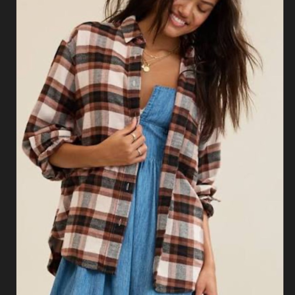 Aerie Anytime Fave Plaid Flannel Button Down Shirt - Brown and White